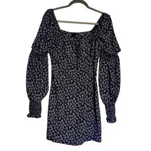 Cottagecore Black&White Daisy Dress M Floral Puff Sleeve Peasant Milkmaid Farm